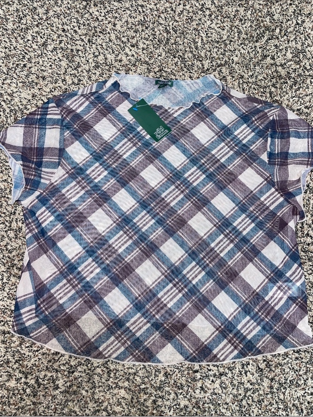 Sheer Plaid Mock Neck Lettuce Trim Crop Top Woman’s XS NWT